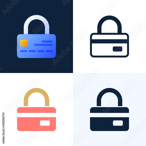 Padlock with credit card vector stock icon set. The concept of protection, security, reliability of a bank account. Front side of the card with a closed lock.
