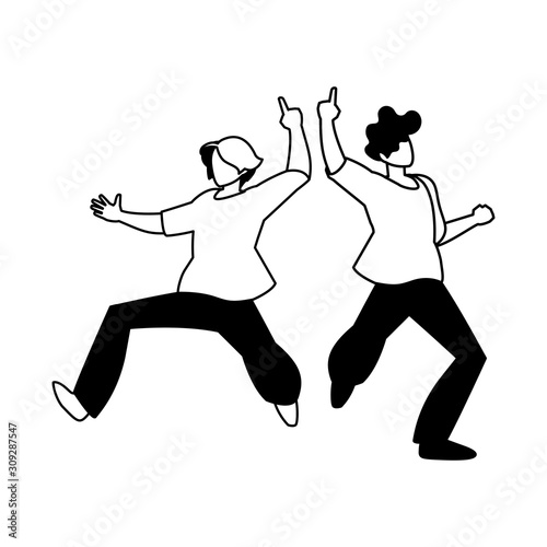 silhouette of men in pose of dancing on white background