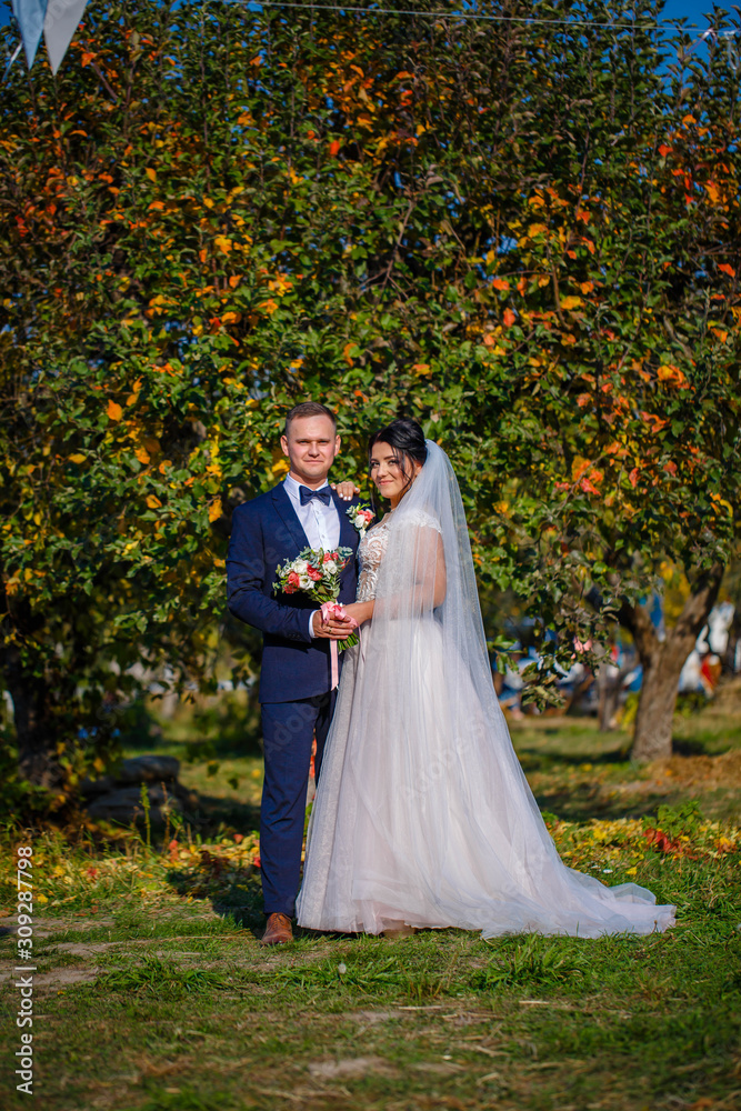 Newlyweds on an autumn walk. Portraits of the bride and groom to beautiful autumn foliage