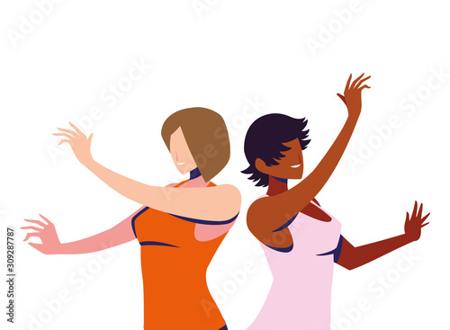 scene of women in dance pose, party, dance club