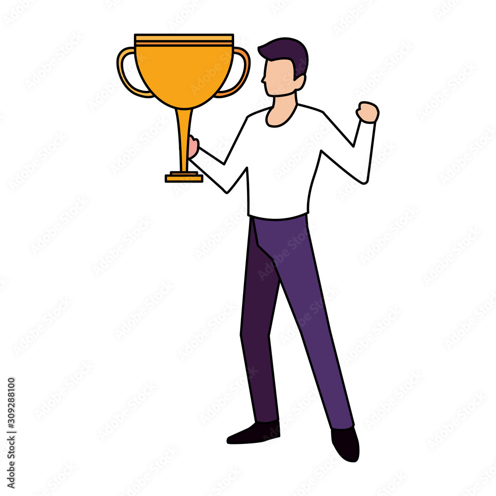 man with trophy gold in white background