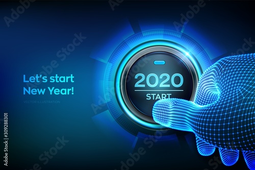 2020 start. Finger about to press a button with the text 2020 start. Happy new year. New Year two thousand and twenty is coming concept. Vector illustration.