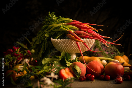 STill life of vegetable and fruit with dark lighting