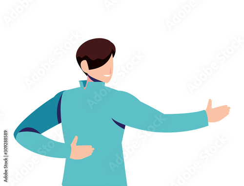man in pose of dancing, party, on white background