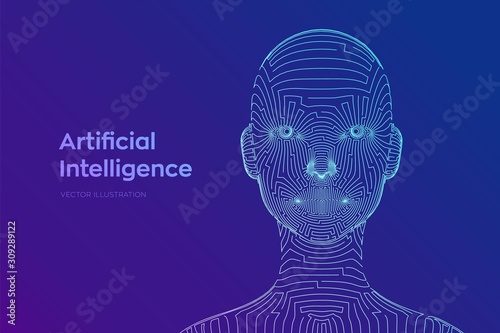 AI. Artifactial intelligence concept. Abstract digital human face. Human head in robot digital computer interpretation. Robotics concept. Wireframe head concept. Digital brain. Vector illustration.