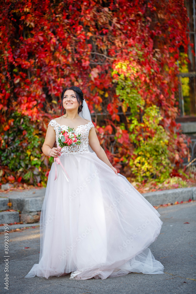 The bride portrait in the autumn forest. Bride in wedding dress on natural red background. Wedding day.