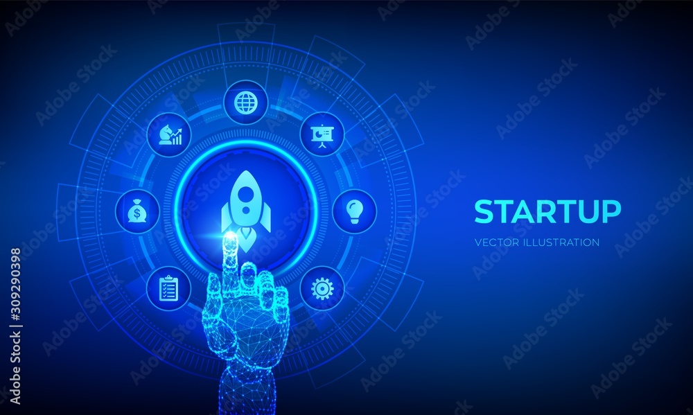 Startup. Business start up. Idea through planning and strategy. Venture investment business and development concept on virtual screen. Robotic hand touching digital interface. Vector illustration. Startup. Business start up. Idea through planning and strategy. Venture investment business and development concept on virtual screen. Robotic hand touching digital interface. Vector illustration.