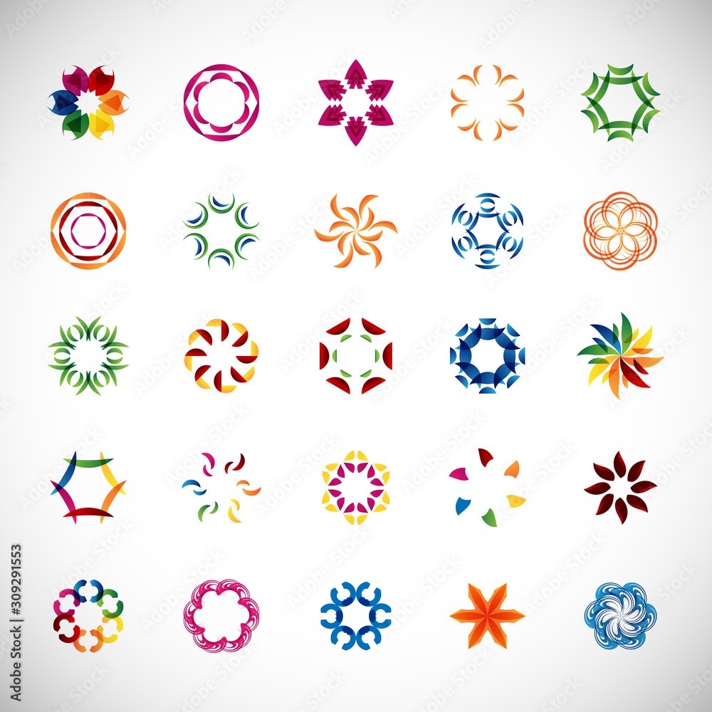 Abstract Circle Icon Set. Vector Isolated On Gray. Abstract Circular Logo For Company Symbol, Star, Tech Icon And Element Design. Creative Icons For Flower And Decorative Logo. Abstract Round Template Abstract Circle Icon Set. Vector Isolated On Gray. Abstract Circular Logo For Company Symbol, Star, Tech Icon And Element Design. Creative Icons For Flower And Decorative Logo. Abstract Round Template