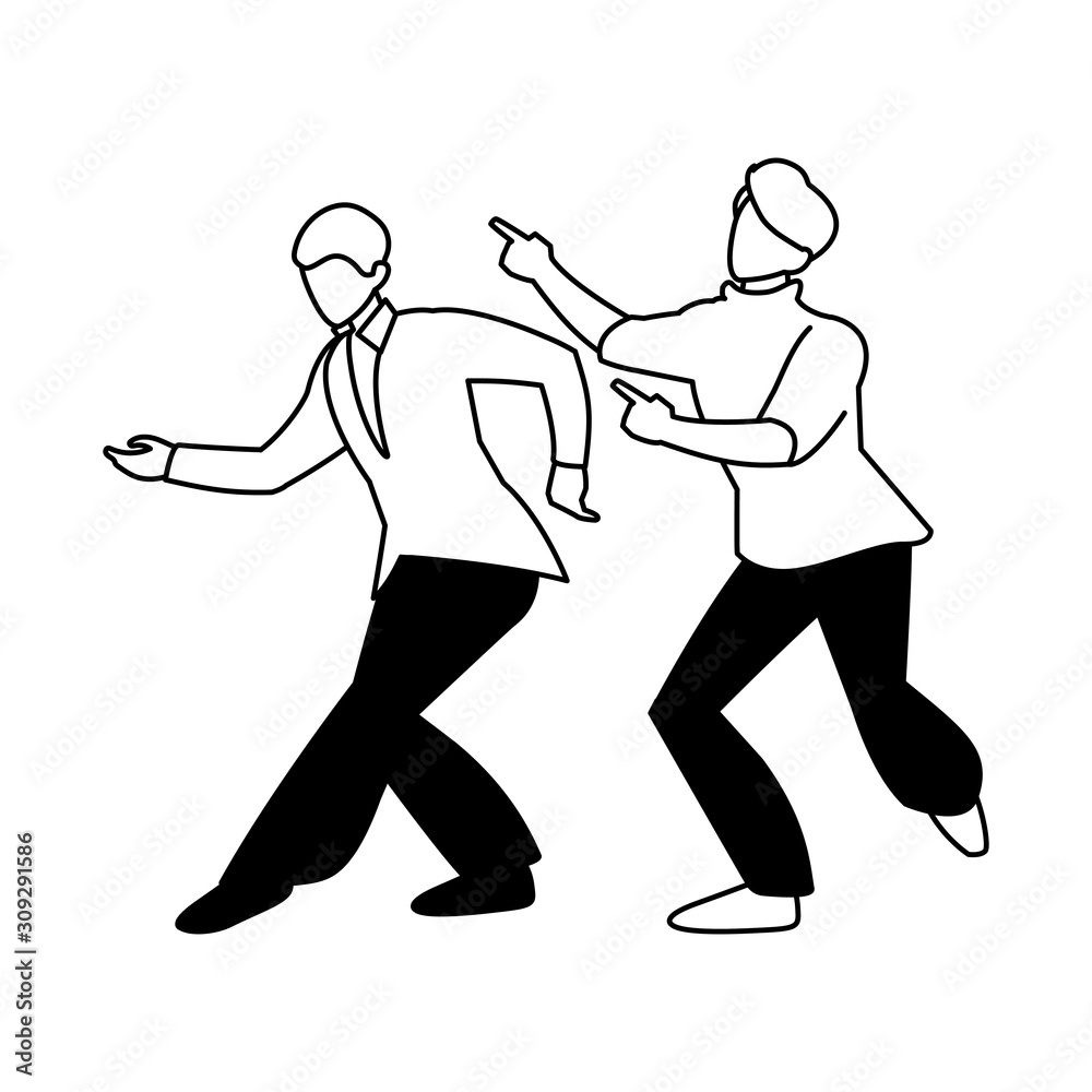 silhouette of men in pose of dancing on white background silhouette of men in pose of dancing on white background