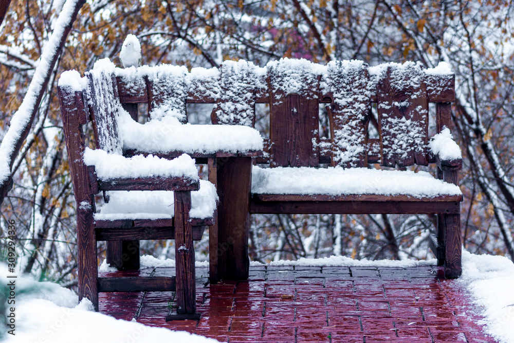 snow-covered wooden benches in winter city park 
