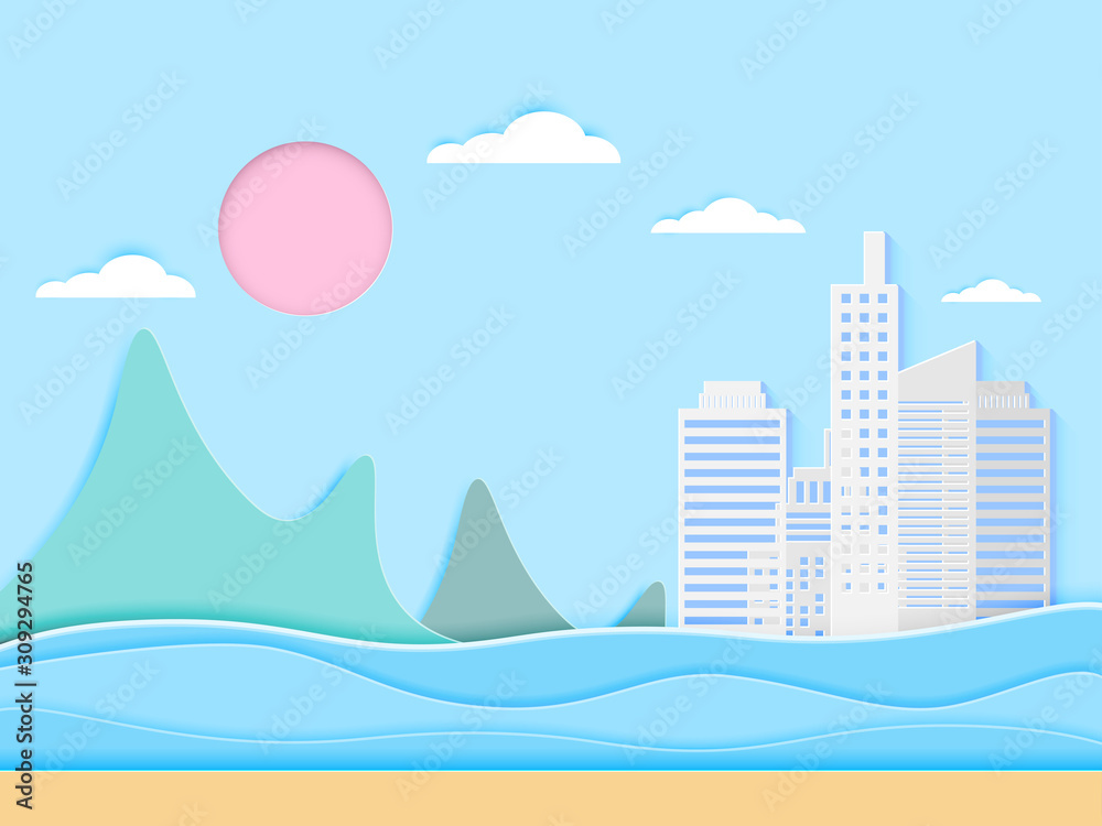 Vector the beach and sea with paper art style