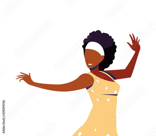 woman in pose of dancing, party, on white background