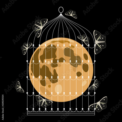 Isolated vector illustration. Full moon in bird's cage with moths flying around it. Creative concept for temptation.