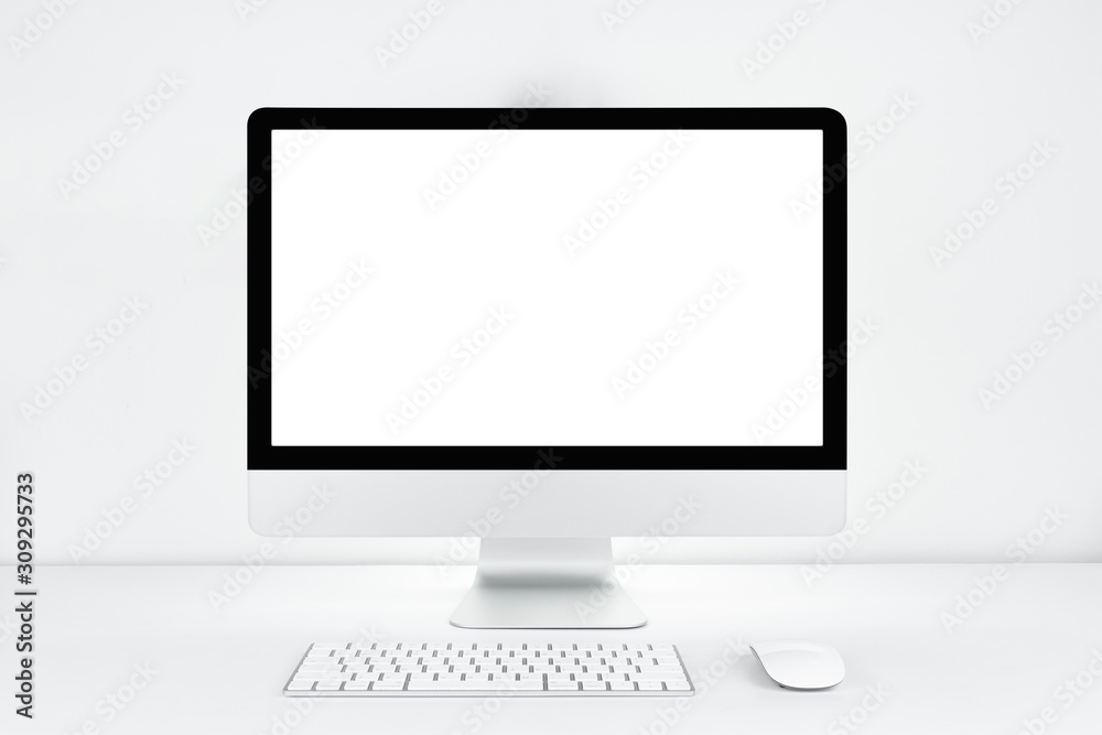 Computer with blank white copy space for text, Mockup design desktop computer in office on white table with keyboard and Coffee cub, Work place concept, Cactus in pot. Computer with blank white copy space for text, Mockup design desktop computer in office on white table with keyboard and Coffee cub, Work place concept, Cactus in pot.