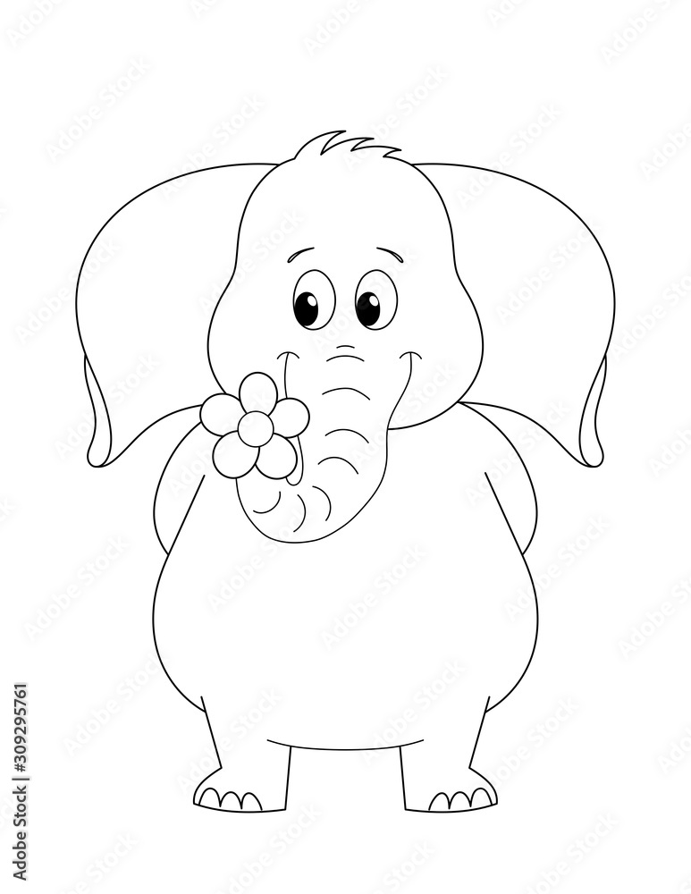 cartoon elephant with a flower. line drawing cartoon elephant with a flower. line drawing