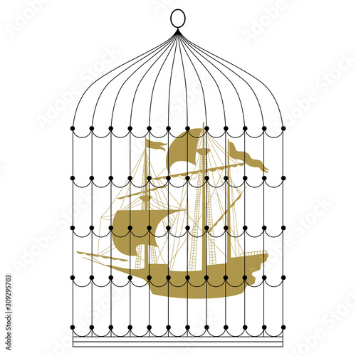 Isolated vector illustration. Silhouetted sailing ship inside bird's cage. Creative concept.