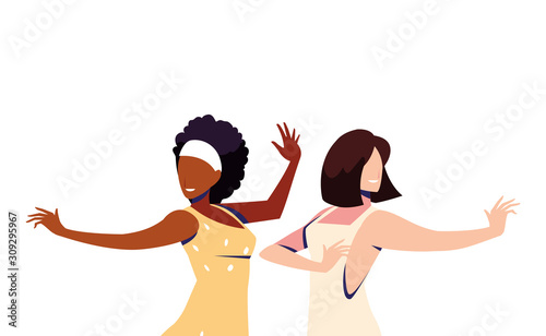 scene of women in dance pose, party, dance club
