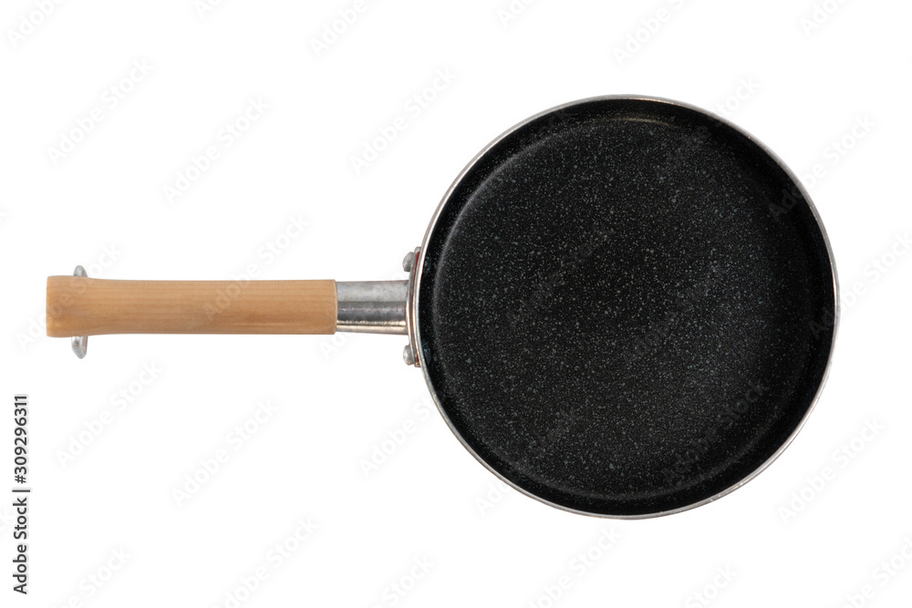 Flat lay of induction pan with wooden handle in isolated white background. This photo also has a clipping path. Flat lay of induction pan with wooden handle in isolated white background. This photo also has a clipping path.