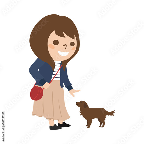 若い女性のイラスト。小型犬と散歩している女性。