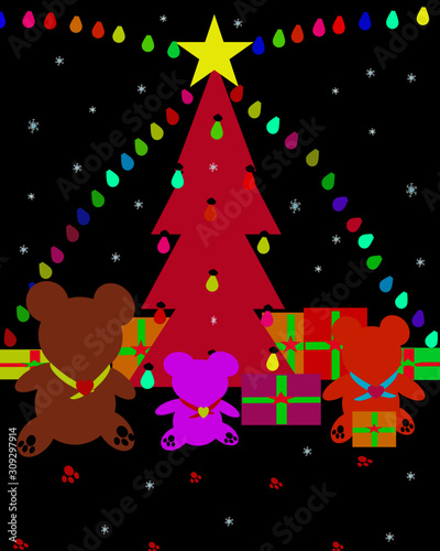 christmas tree on red Christmas Three bears background Template for merry christmas and new year cards 