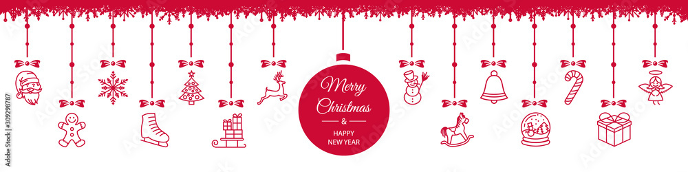 Fototapeta premium Merry christmas new year hanging decoration ball red white card background border vector isolated