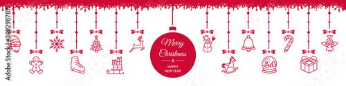 Merry christmas new year hanging decoration ball red white card background border vector isolated