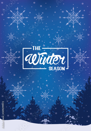 blue winter poster with snowflakes and forest scene