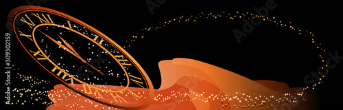 Modern banner background with clock. Concept of time passing into the new year.