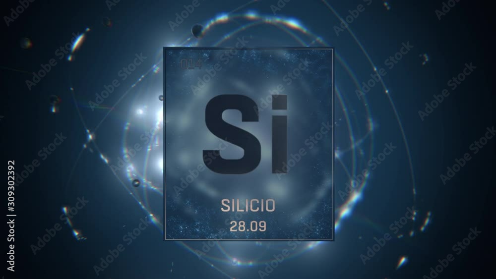 Silicon as Element 14 of the Periodic Table. Seamlessly looping 3D animation on blue illuminated atom design background with orbiting electrons. Name, atomic weight, element number in Spanish language Silicon as Element 14 of the Periodic Table. Seamlessly looping 3D animation on blue illuminated atom design background with orbiting electrons. Name, atomic weight, element number in Spanish language