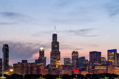 Beautiful Chicago skyline at sunset