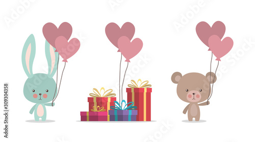 Cute rabbit and bear with gifts vector design © grgroup