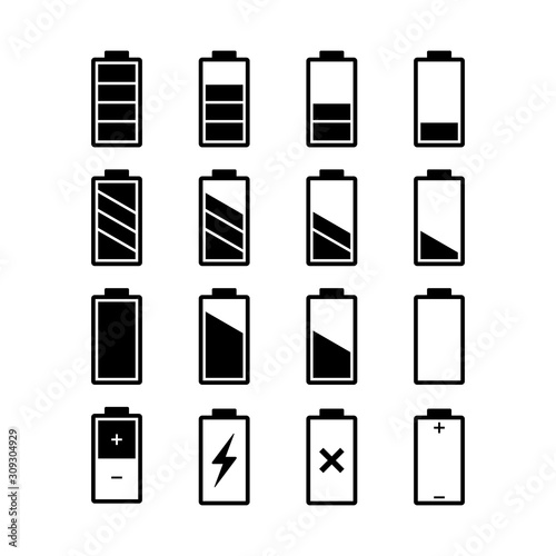 Battery icons set. Battery level and indicator related different styles vector icons.