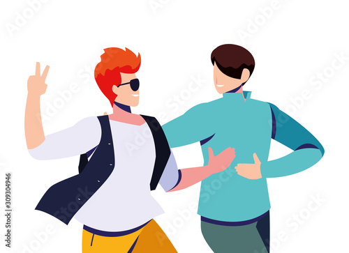 scene of men in dance pose, party, dance club