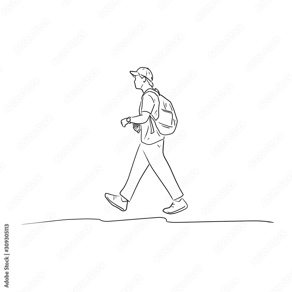 walking young man with backpack vector illustration sketch doodle hand drawn with black lines isolated on white background