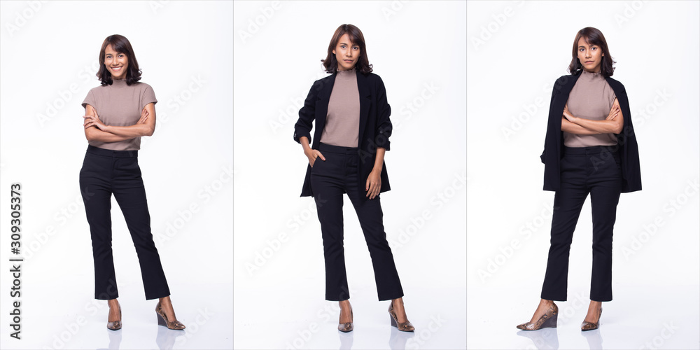 Collage Group Pack of Fashion Young mother 30s indian / Asian Woman black curl short hair beautiful make up purple dress posing attractive many looks smile. Studio Lighting white Background isolated - obrazy, fototapety, plakaty 