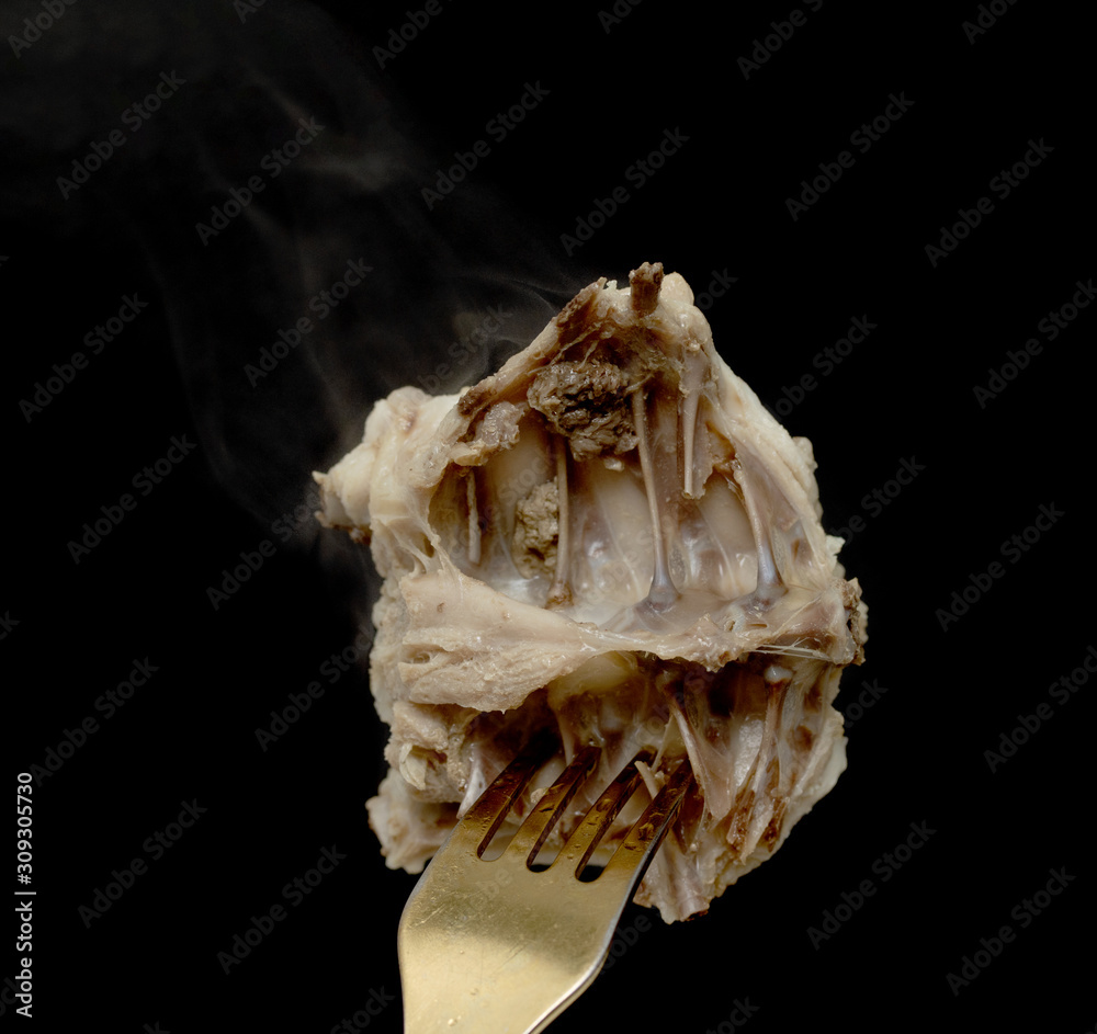 A piece of cooked chicken meat on a fork, steam smoke, black background. A piece of cooked chicken meat on a fork, steam smoke, black background.