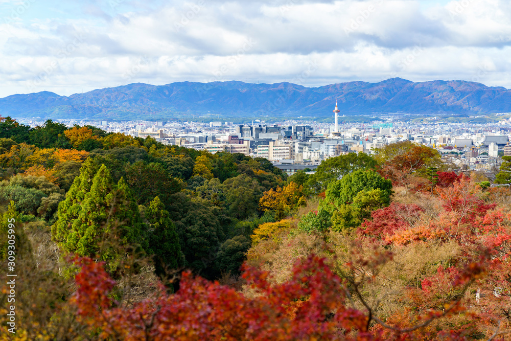 紅葉する山と京都の街並み