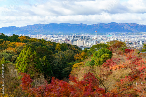 Obraz na płótnie 紅葉する山と京都の街並み w salonie