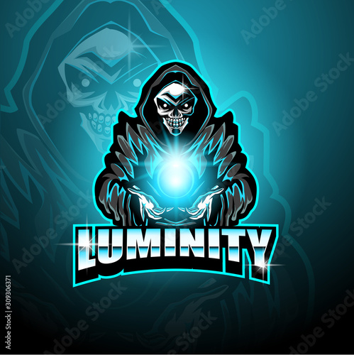 Skull wizard esport gaming mascot logo holding a magical ball