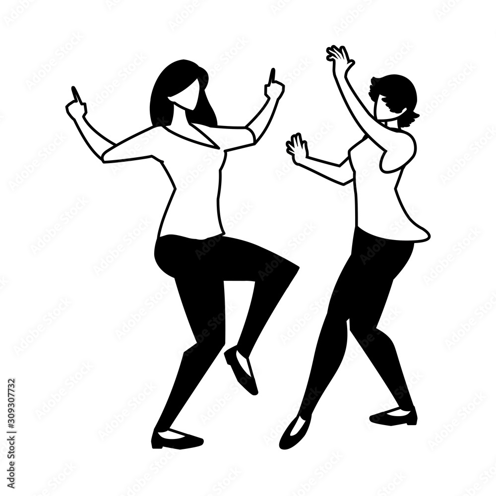 silhouette of women in dance pose on white background