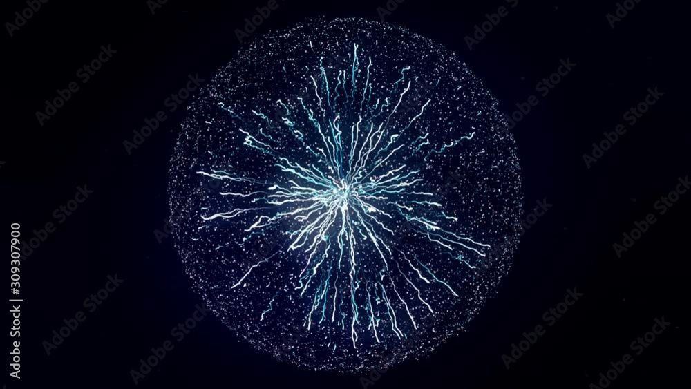 Abstract concept of electric power. Animation. Beautiful abstract lightning and bright light in energy ball with zippers on the black background.