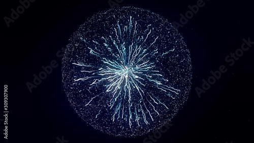 Abstract concept of electric power. Animation. Beautiful abstract lightning and bright light in energy ball with zippers on the black background.