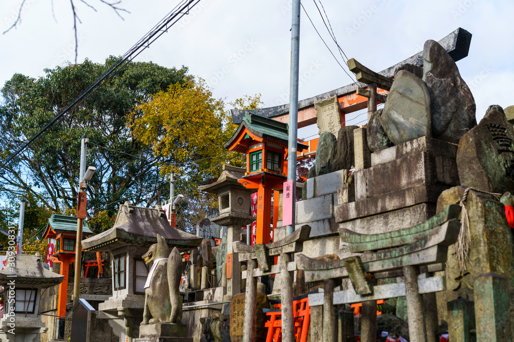神社の鳥居と狐