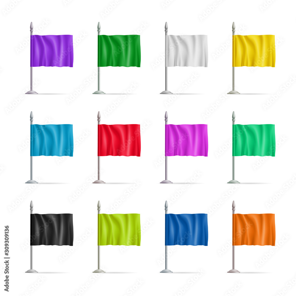 Colorful small table flags with wavy fabric. Realistic desk flag on steel stand for business presentation, promotion and marketing. Brand identity and souvenir productions vector objects