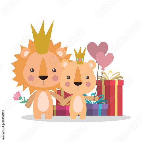 Cute lion and lioness cartoon vector design