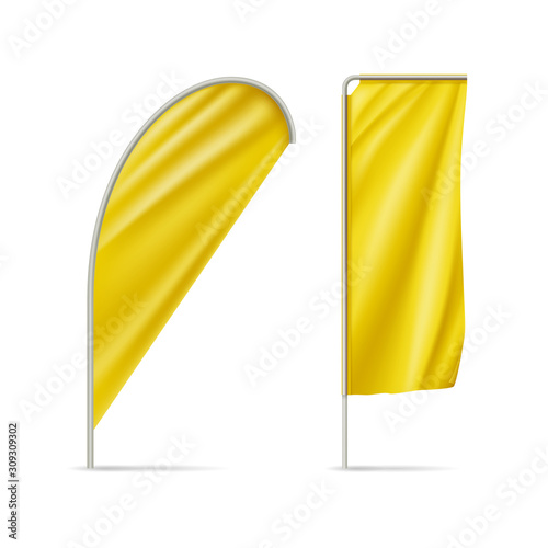 Yellow teardrop and rectangular flags mockups. Realistic stationary expo banners for outdoor presentation, exhibition or sport competition. Product advertising and promotion vector illustration.