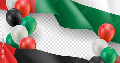 United Arab Emirates horizontal flyer with copy space. Realistic fluttering flag and colorful helium balloons on transparent background. Independence and patriotism vector banner. UAE holiday event