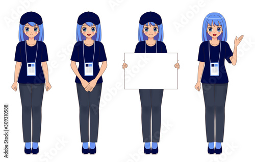 スタッフ・スポーツボランティア・大会ボランティア　案内女性（ベクター）Anime Girl in Staff or Volunteer Wear (vector set).