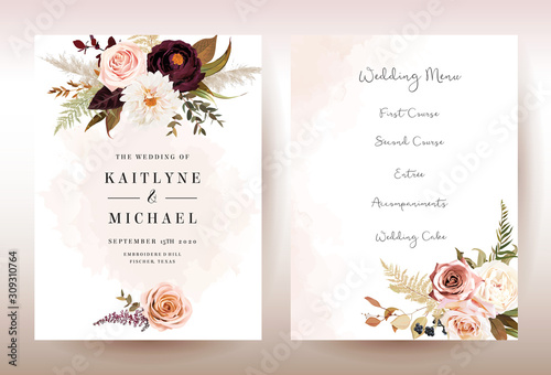 Moody boho chic wedding vector bouquet cards