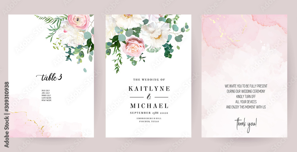 Obraz Eleganckie kartki ślubne z różową akwarelą i wiosennymi kwiatami